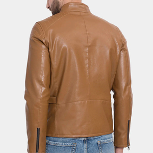 Custom Logo <b>Men</b> Light Brown Real <b>Sheepskin</b> <b>Leather</b> <b>Jacket</b> Stand Collar Motorbike Outerwear - Product Image 4