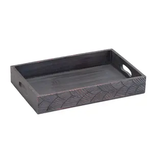 Plateau décoratif floral sculpté complexe en bois noir plateau de service rustique avec poignées plateau en bois rectangulaire pour la décoration intérieure - Product Image 2