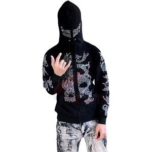 Sweat-shirts à capuche zippés pour hommes, élégants et tendance, en coton 100% confortable, avec strass et épaules tombantes, en stock - Product Image 3