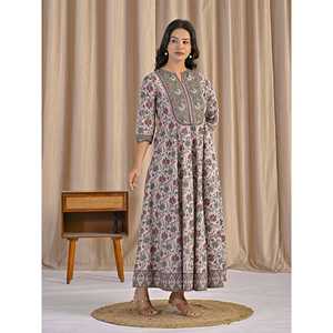 Robe Anarkali ethnique gris-vert en coton imprimé à la main, style Salwar Sari indien pour occasions spéciales, modèle Fancy - Product Image 6