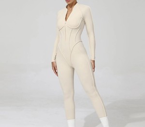 Combinaison de sport pour femme, gym, yoga, longueur entière, manches longues, spandex/nylon, demi-zip, trous pour les doigts, respirante, ajustée, nouveau design - Product Image 6