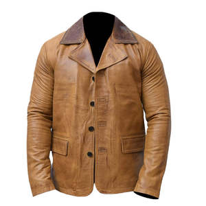 Blouson en cuir marron personnalisé pour homme, col montant, fermeture éclair, tissu tricoté enduit, face unie teinte, coupe-vent et respirant - Product Image 1