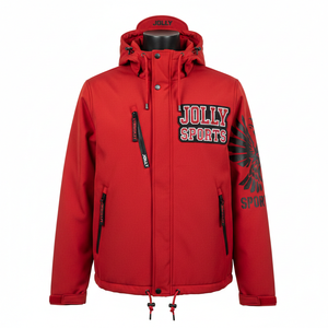 Men Premium Softshell <b>Jacket</b> Polyester Spandex Bonded Fleece <b>Red</b> <b>Hooded</b> Custom Embroidery Heat Transfer Logo - Product Image 1