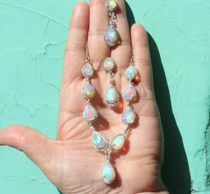 <b>Opal</b> Cabochon Necklace Set 925 Sterling Silver Fire <b>Opal</b> Pear Necklace Wedding Jewelry Gift for Bride Anniversary Zircon Stone - Product Image 1