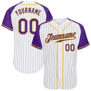 Meilleures ventes Vêtements d'équipe personnalisés Maillot de baseball à manches raglan authentique à fines rayures violet-or blanc personnalisé - Product Image 1