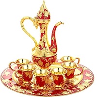 Set Teko Kopi Teh Turki Merah Logam Berkualitas Terbaik Desain Sendiri Dengan Nampan 6 Cangkir Untuk Pesta Dalam Ruangan