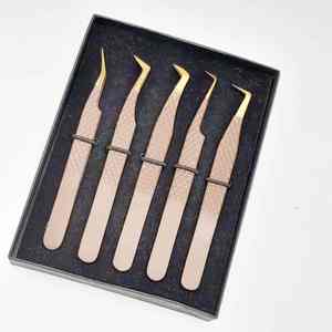 Pince à épiler d'extension de cils marque privée en stock solide en acier inoxydable marron avec pointe en fibre d'or pince à épiler Volume greffé - Product Image 6
