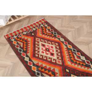 Turkish Kilim <b>Runner</b> Rug 2.7x13 ft (81x395 cm), Vintage <b>Red</b> Ombr Wool Rug - Product Image 4