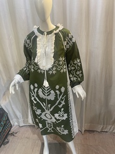 Vestido largo Vintage elegante 100% de algodón con cuello para mujer levantado cintura Natural tejido lavable Maxi longitud con bordado - Product Image 3