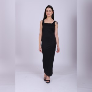 Vestido Casual de Fiesta para Mujer, Estilo Jersey, Negro, Midi, Ajustado, con Tirantes Finos, Tejido, Ecológico, Teñido Natural, Cuello Cuadrado - Product Image 5