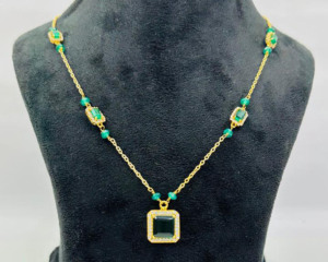 Collar de cuentas chapadas en oro con piedras preciosas de ónix verde y circonita cúbica para mujer, joyería de cadena ajustable - Product Image 3
