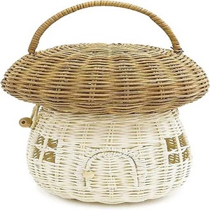 Beau panier en forme de champignon en rotin tissé à la main panier mobile de rangement pour maison de poupée avec couvercle pour panier de décoration de salle de jeux pour enfants - Product Image 1