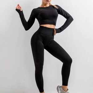 OEM Custom Logo Women Solid High Waist Yoga Set Breathable Seamless Sports <b>Bra</b> Leggings Elastic Waist Front 1 Piece - Product Image 5