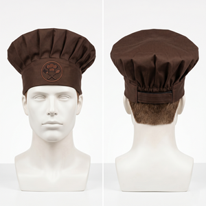 Casquette de chef pour homme en sergé de coton premium 240 GSM marron, avec sangle arrière réglable, dôme plissé, logo brodé 3D personnalisé, modèle Pro - Product Image 1
