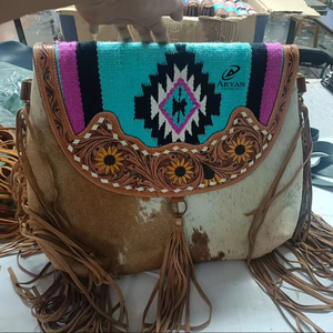 มาใหม่มือเครื่องมือแกะสลักกระเป๋าถือหนัง Cowhide หนัง Aztec อานผ้าห่มขอบกระเป๋าสําหรับสตรี - Product Image 1