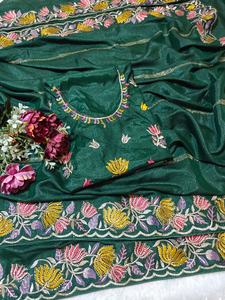 Sari de seda georgette brillante y suave para mujer, con pedrería, estilo occidental, borde con corte elegante, para fiestas de invierno, moda india. - Product Image 4