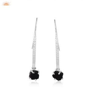 Natural <b>Black</b> Obsidian Raw Gemstone Stylish Prong Set <b>Dangle</b> <b>Earrings</b> 925 Sterling SIlver <b>Earrings</b> Gift For Women - Product Image 1