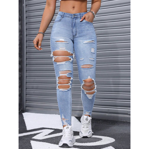 Jeans en denim skinny déchirés respirants pour femmes, taille haute, extensible, sexy, tendance, décontracté, à porter tous les jours - Product Image 4