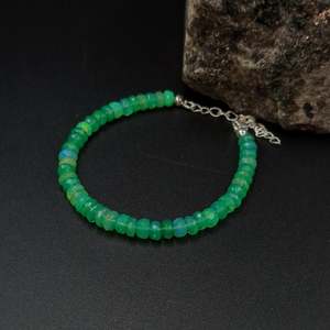 925 Sterling Silver Green Ethiopian Opal Bracelet Beaded <b>Charm</b> Bracelets with Gold Plating Gold Main Stone Pearl Accents - Product Image 2