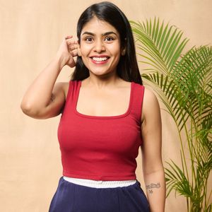 Elegante mujer granate acanalado Crop Tank Top estirable sin mangas cuello cuadrado Spandex Knit Shirt para verano Casual Layering Looks - Product Image 1