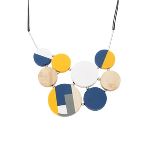 Geometric Circle <b>Statement</b> <b>Necklace</b> With Resin And Wood Beads In Blue Yellow White And Natural Colors Unisex Trendy Jewelry - Product Image 1
