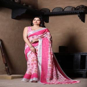 Sari de Lino Premium VASTRA COTTAGE con Borde de Zari Plateado, Estampado Digital y Blusa de Lino con Estampado Digital a Juego - Product Image 5