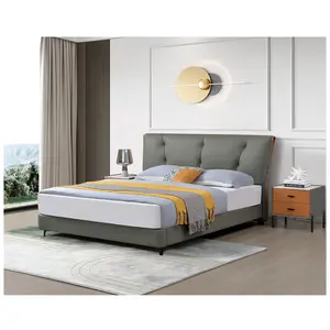 Популярная мебель для спальни современная легкая роскошная кровать среднего изголовья кожаная кровать с деревянной рамкой