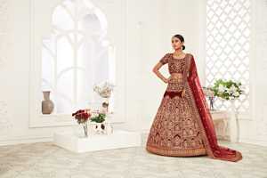 Lehenga Choli nupcial de terciopelo rojo oscuro con bordado pesado hecho a mano diseñador de Bodas de lujo desgaste Dupatta para fiestas - Product Image 6