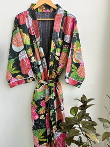 Kimono en coton matelassé Kantha fait à la main manteau de luxe Style indien imprimé de fruits vêtements de nuit thermiques Robe à cordon pour l'été gratuit - Product Image 4