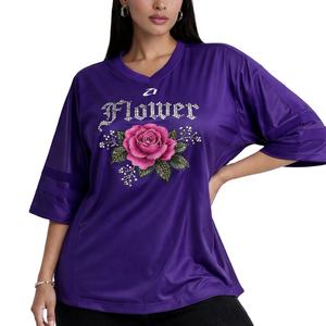 Oversized Custom Luxury Women's <b>Mesh</b> American Football Jersey T-shirts <b>Rhinestone</b> Floral Graphic Polyester Streetwear Style <b>Tops</b> - Product Image 1