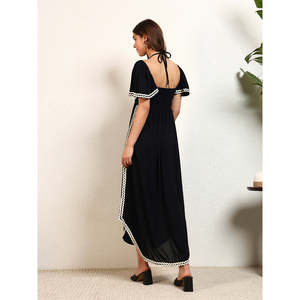 Deebaco Women's Black Solid <b>Maxi</b> Dress With <b>White</b> Contrast Binding V-Neck Cap Sleeve Loose Fit Casual Summer Style Dress - Product Image 4