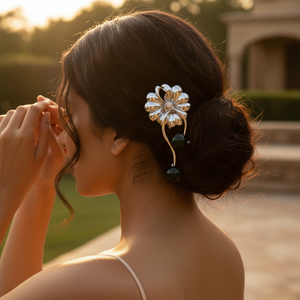 Broche en argent plaqué or pour femme avec onyx noir et pierres de diamant pour mariage, fiançailles ou fête, bijou en perles - Product Image 2