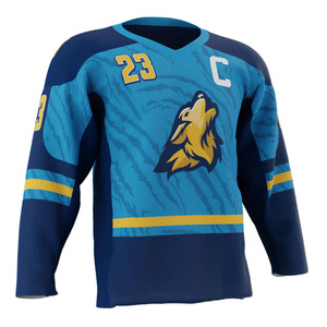 Maillot de hockey sur glace personnalisé en sergé bleu, vêtement de sport en polyester tendance, logo d'équipe, rayures sublimées, uniforme adulte anti-UV à séchage rapide - Product Image 1