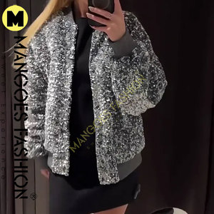 Chaqueta corta chispeante con lentejuelas a la moda para mujer, abrigo suelto de manga larga grueso plateado para fiesta de otoño e invierno, ropa de calle - Product Image 5