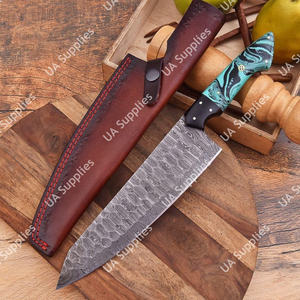 Couteau de chef Damas moderne, finition brossée, manche en résine turquoise, 8 pouces, ambidextre, écologique, forgé à la main, étui en cuir - Product Image 5