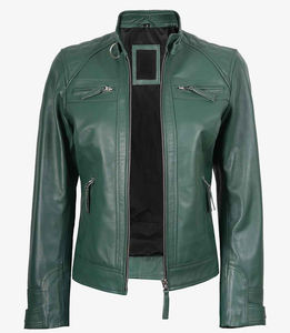 Veste de motard en cuir véritable vert émeraude sur mesure pour femmes Coupe ajustée Veste moto en peau d'agneau douce Mode Épaule matelassée en cuir - Product Image 1