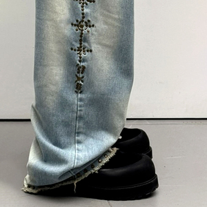 Fabricant sur mesure Pantalon en jean ample taille haute décontracté Fabricants sur mesure Jeans pour hommes avec strass et rivets - Product Image 3