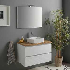 Mueble de Baño Suspendido Blanco Brillante de 80 cm con Espejo Superior de Roble Natural y Lámpara Baltimora - Product Image 2
