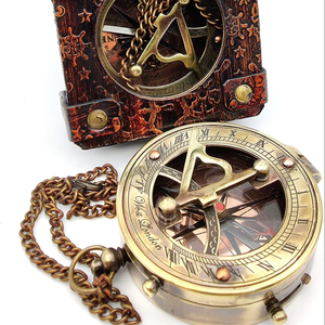 <b>Antique</b> Brass Sundial <b>Compass</b> Marine Boat Gift Pocket Sun Dial in Leather Display Box Nautical Marine Gift - Product Image 6