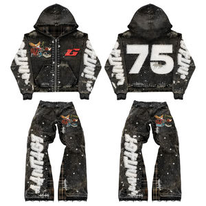 ชุดเซ็ตเสื้อฮู้ดดี้และกางเกงวอร์มผ้าฝ้ายปักลายคริสตัลแบบซิป สไตล์ย้อมสีซีดแบบซันเฟด พิมพ์ลายสกรีน สำหรับผู้ชาย - Product Image 1