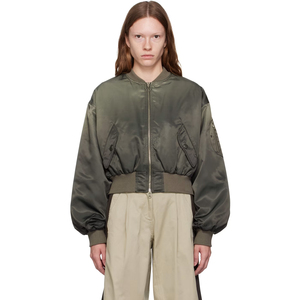 Chaqueta Bomber Corta Verde Oliva para Mujer, Manga Larga, Cierre de Cremallera, Cuello Alto, Nailon Tejido, Chaqueta de Otoño para Mujer - Product Image 4
