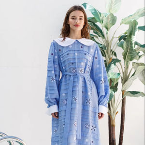 Robe maxi à col rond personnalisable pour filles, broderie, mariage et tenue décontractée, tissu tissé écologique, style vintage décontracté - Product Image 1