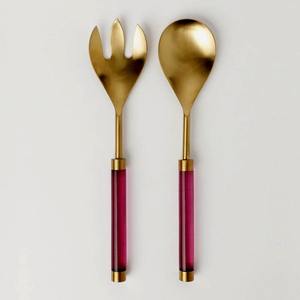 Set de service en acier inoxydable plaqué or avec poignée ronde en résine transparente blanche Set de service de bar à salade avec poignée blanche - Product Image 6