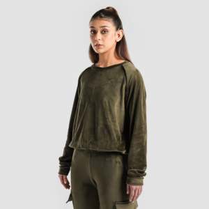 Women's <b>Velour</b> <b>Sweatshirt</b> with Embroidered Hood Streetwear Style Long Length Olive Silk Jacket for Winter - Product Image 3