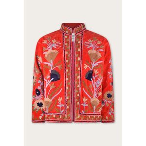 Chaqueta de Terciopelo Rojo para Mujer, Bordado Suzani Multicolor, Reversible, Acolchada, Estilo Universitario, Abrigo de Otoño, Textil Rajastaní K01, Algodón - Product Image 2