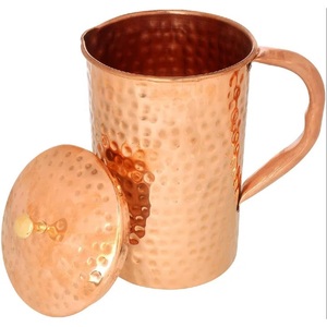 Pichet à eau en cuivre pur 100% fabriqué en Inde de haute qualité avec poignée de couvercle tactile classique servant des boissons en métal - Product Image 3