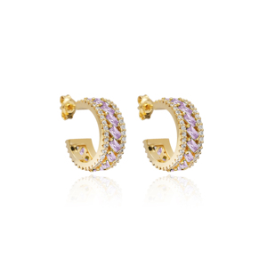 Rose Zircon Pierre Baguette Conception Hoop Boucle D'oreille À La Main En Gros Turc 925 Argent Fine Jewelry - Product Image 3
