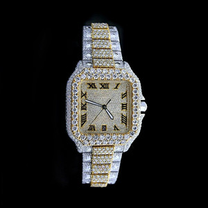 Montre mécanique de luxe en acier inoxydable bicolore entièrement sertie de moissanite, style antique, tendance hip-hop, brillance VVS1, cristal saphir analogique - Product Image 1