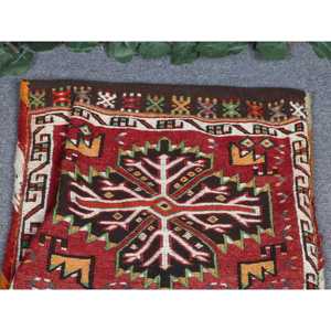 Vintage 1.6x4.5 ft Rug, Kilim Turkish Rug, <b>Red</b> Solid Rug <b>Wool</b> - Product Image 3