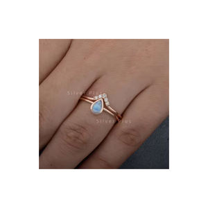 Solide 14k or jaune véritable poire forme pierre de lune bague en diamant à la main fiançailles bijoux de mariage productible en 10K/ 18K - Product Image 1